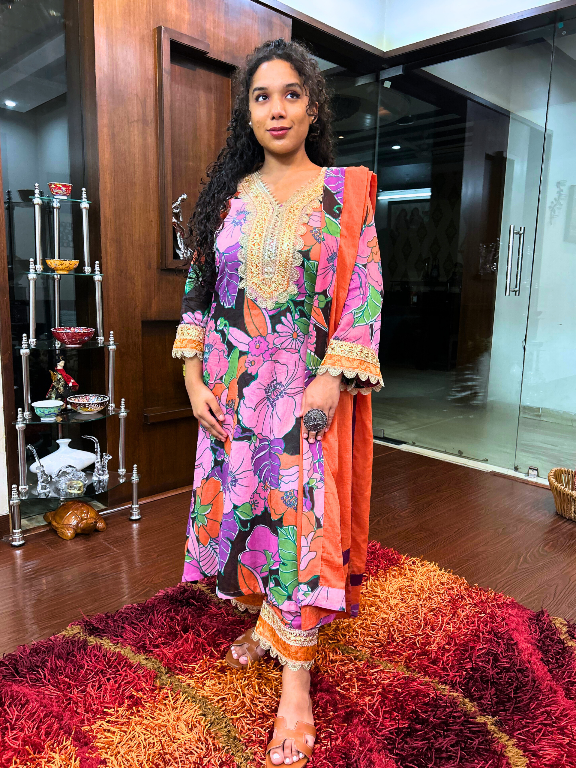 Black Multi Coloured Floral Golden Gota Cotton Stitched Suit Set