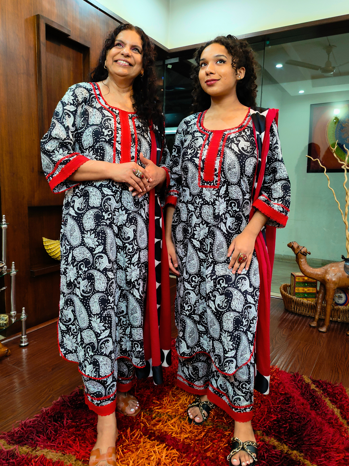 Black Pasiley Handblock Red Lace Cotton Stitched Suit Set
