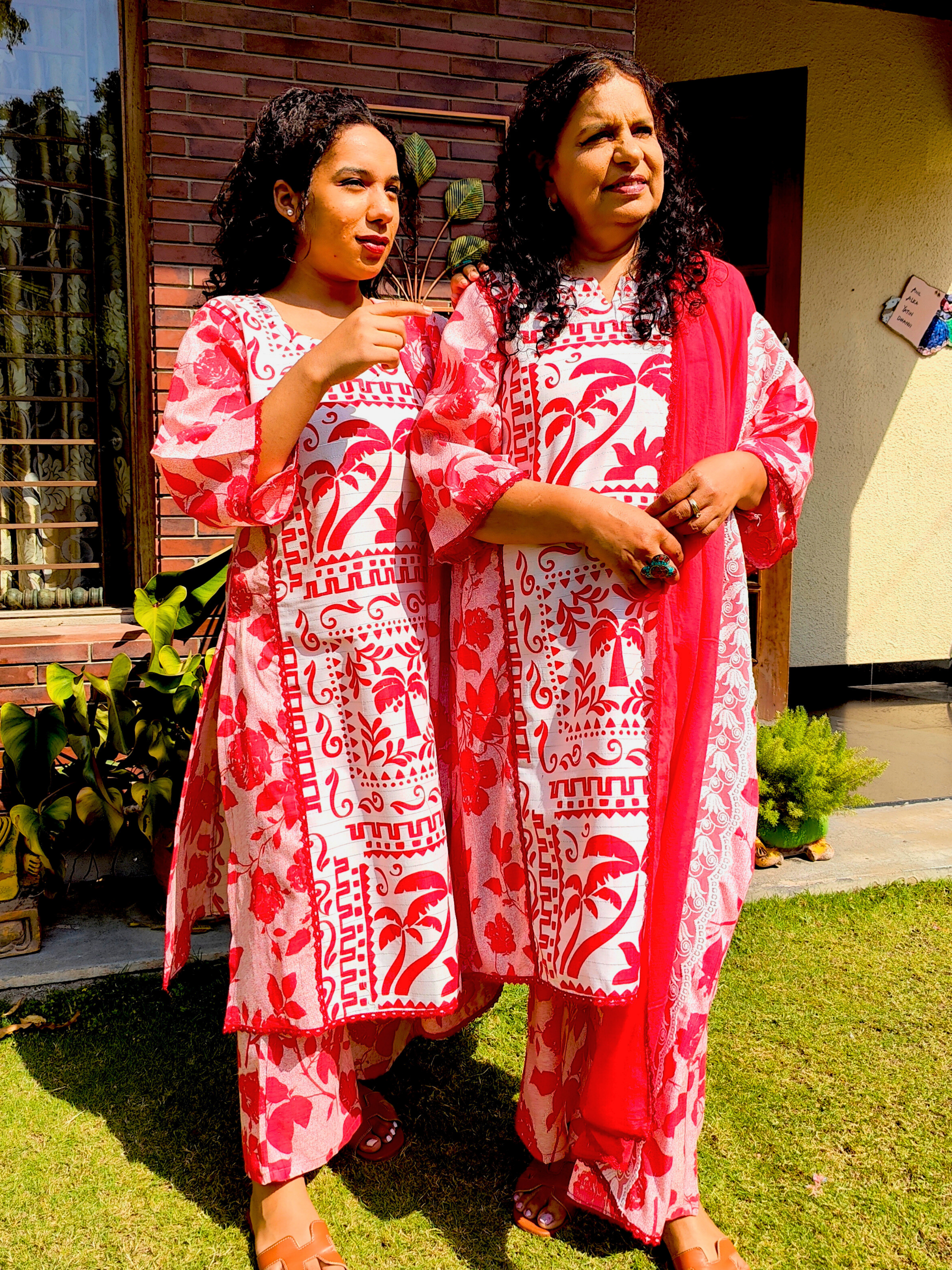 Red and White Digital Printed Cotton Stitched Suit Set