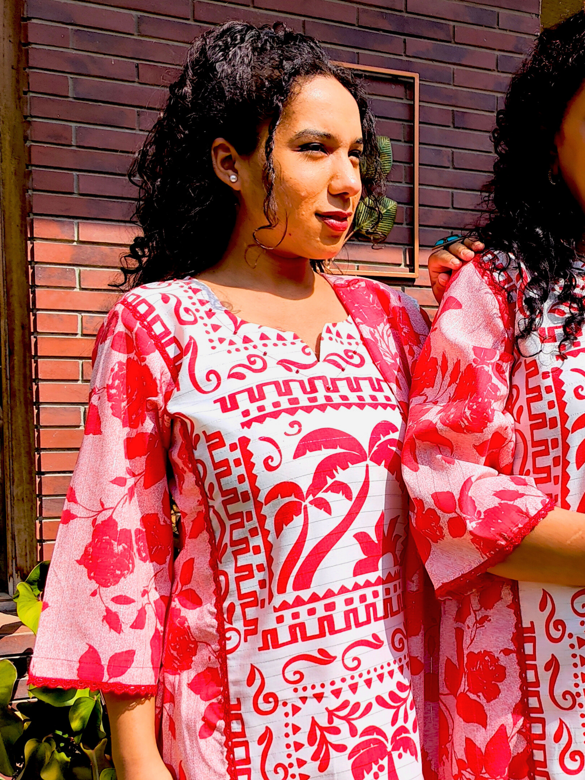 Red and White Digital Printed Cotton Stitched Suit Set