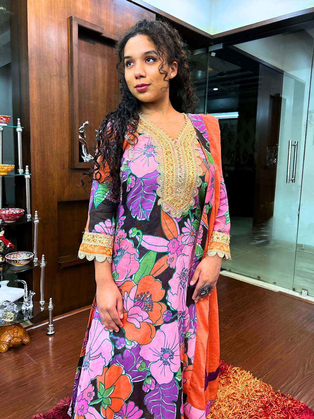 Black Multi Coloured Floral Golden Gota Cotton Stitched Suit Set