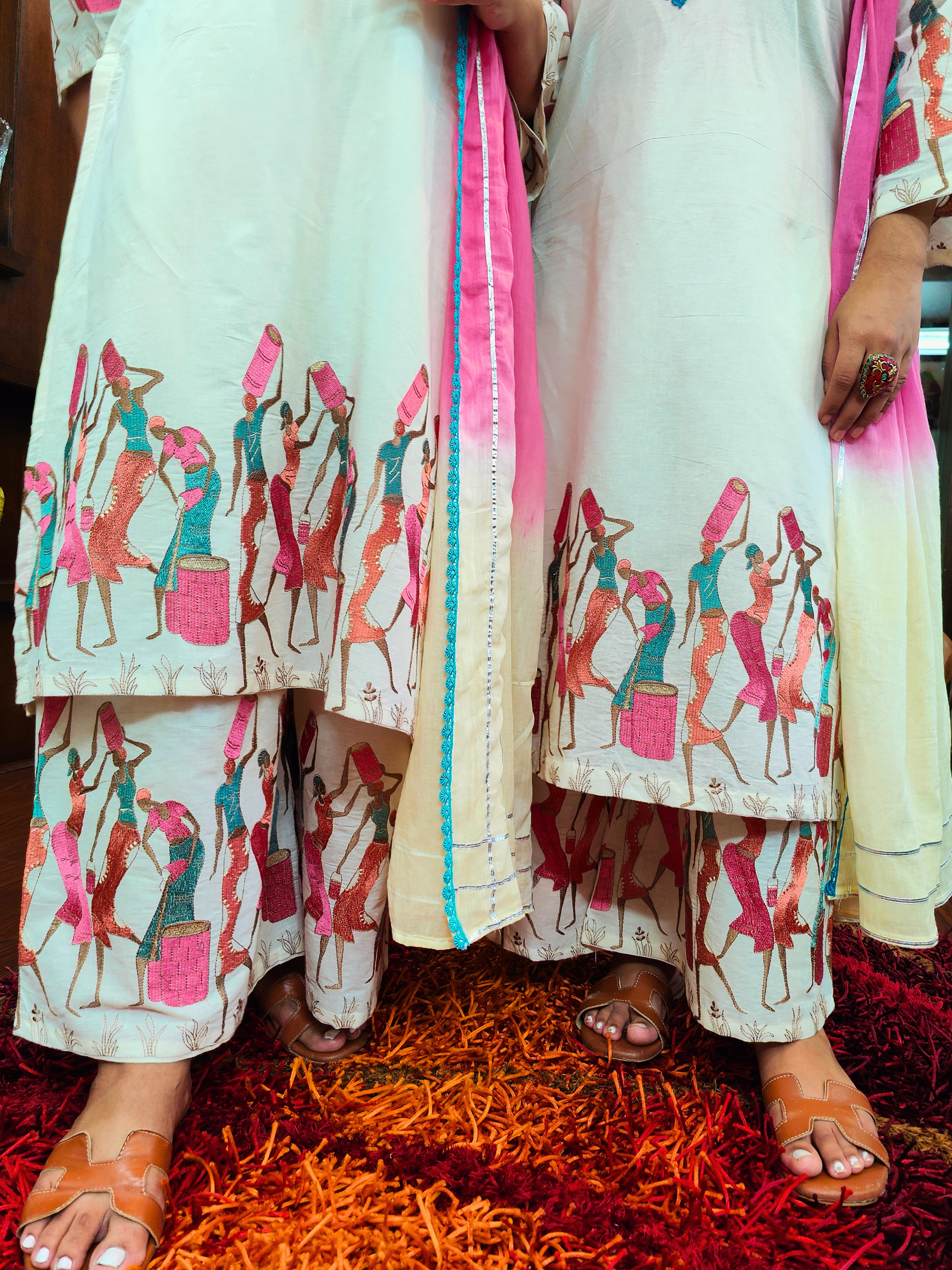 White Multi Coloured Embroidered Cotton Stitched Suit Set