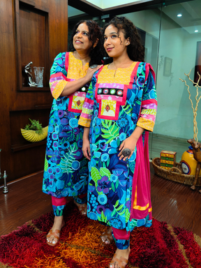 Blue Multi Coloured Mirror Embroidered Cotton Stitched Suit Set