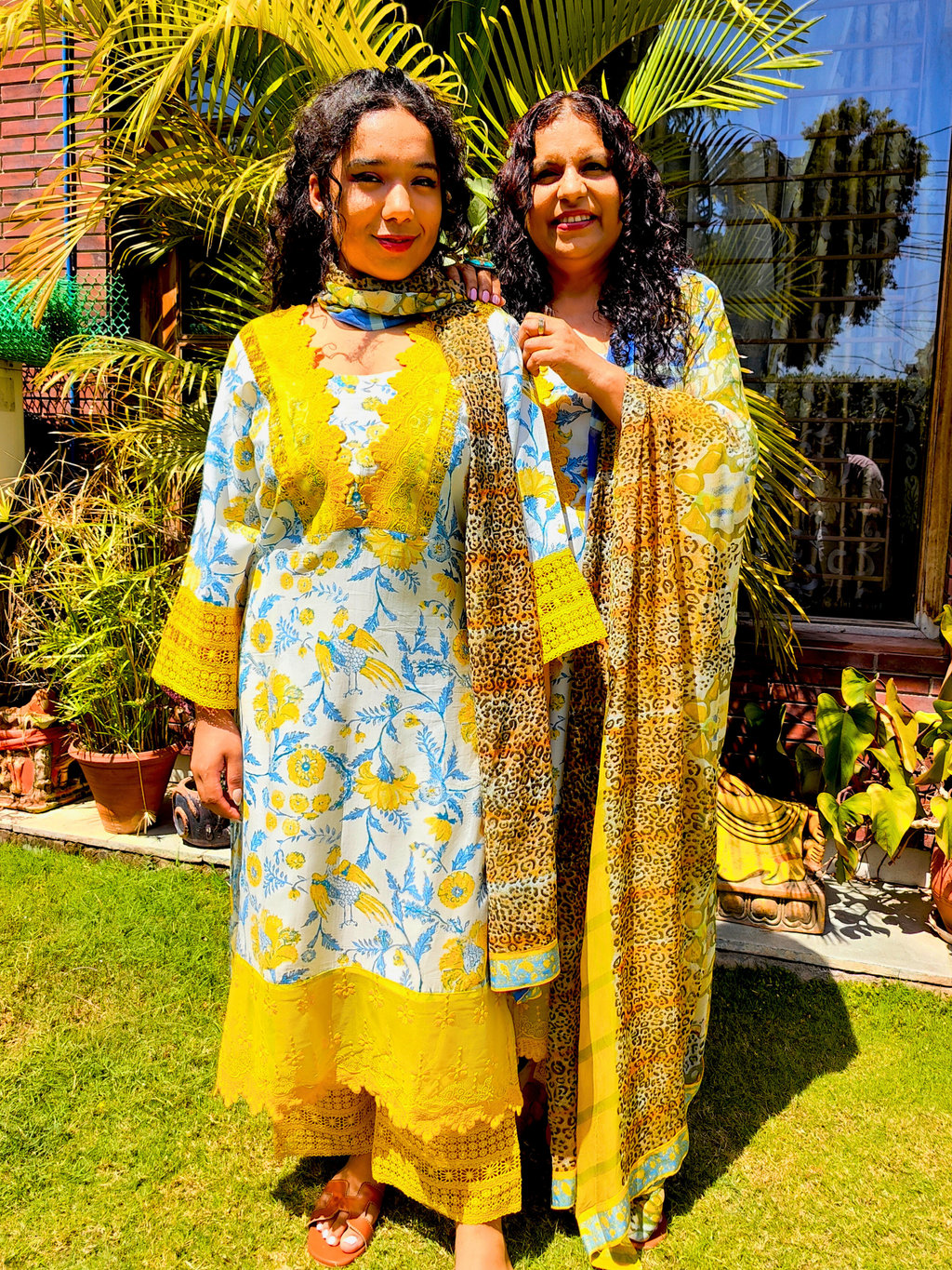 White Muslin Yellow Italian Lace Stitched Suit Set