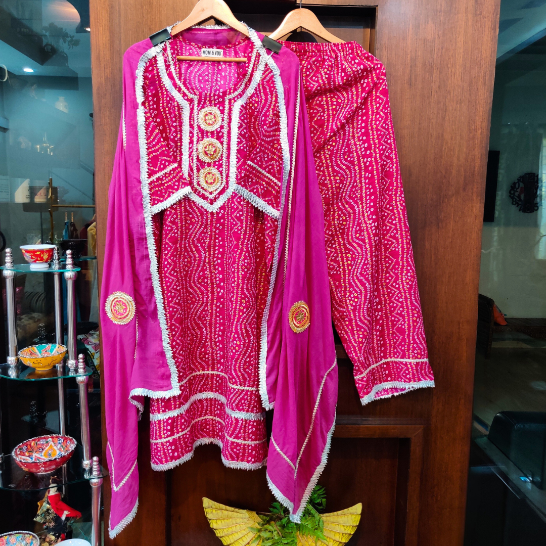 Magenta Bandhej Silver Gota Cotton Stitched Suit Set