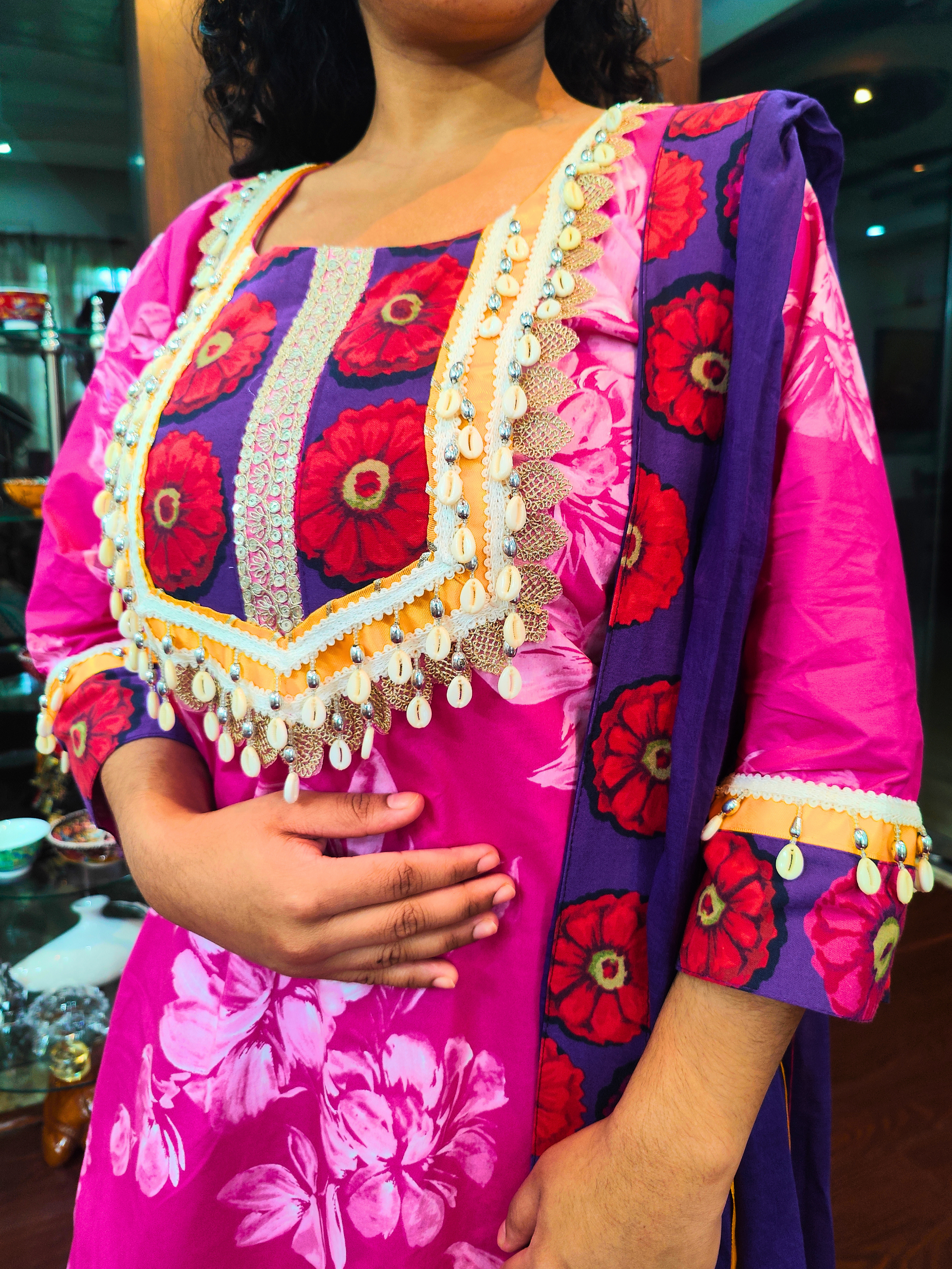 Magenta Digital Printed Yellow Gota Cotton Stitched Suit Set