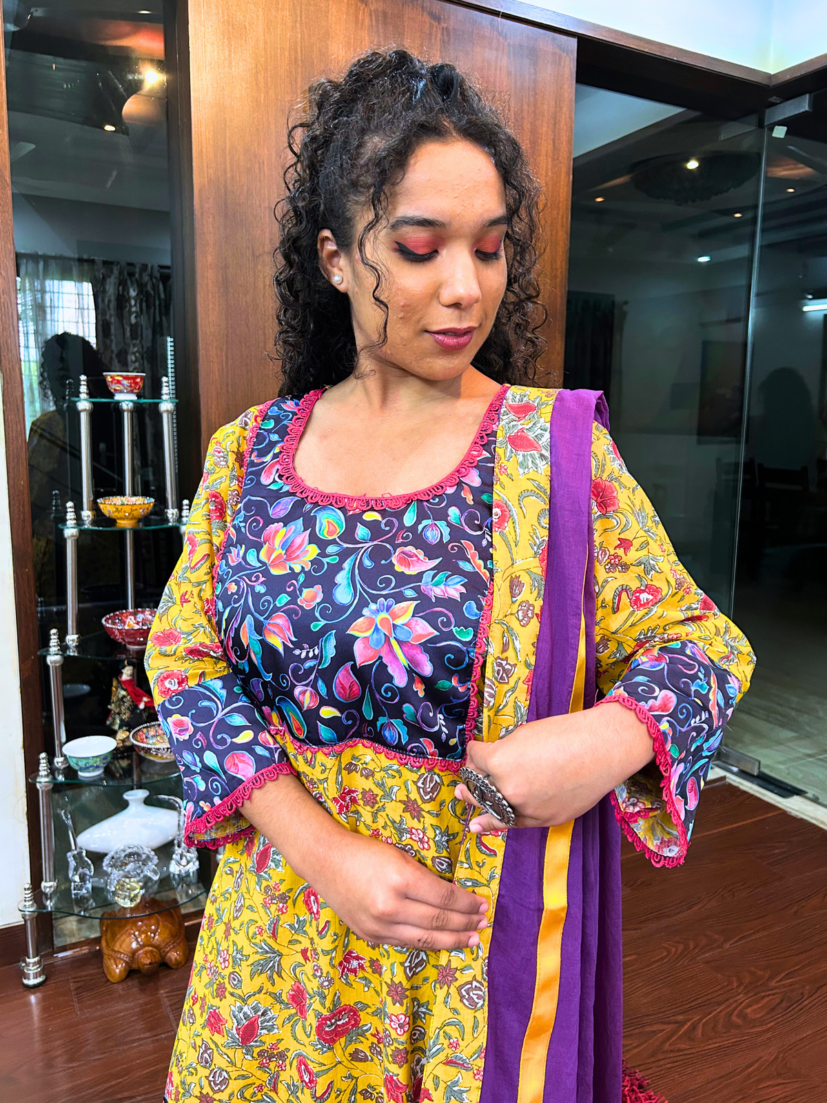 Yellow Multi Floral Magenta Lace Cotton Stitched Suit Set