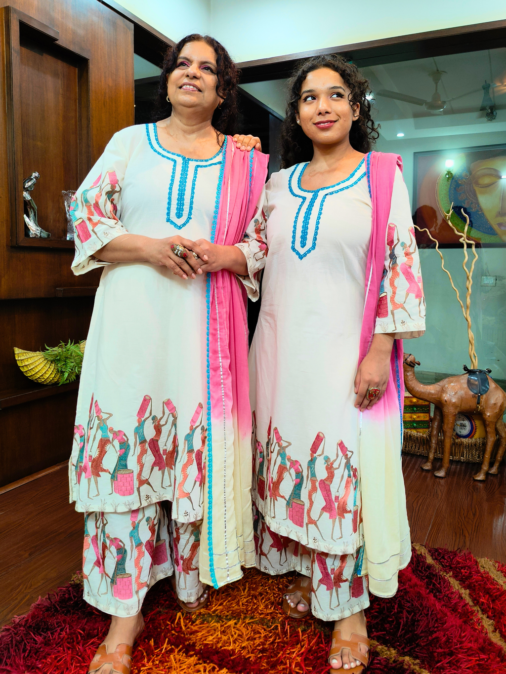 White Multi Coloured Embroidered Cotton Stitched Suit Set