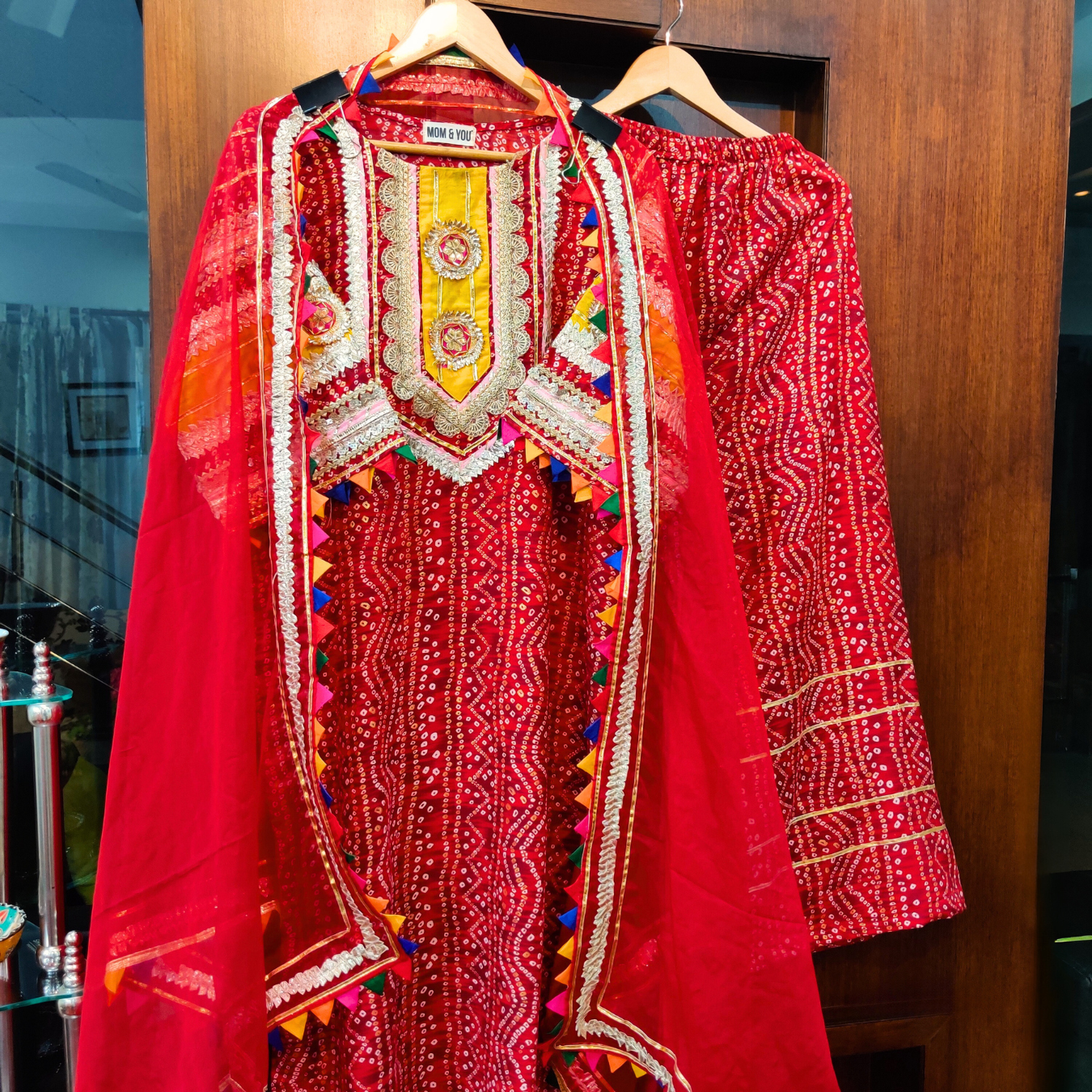 Red Bandhej Pink Handcrafted Gota Flowable Cotton Stitched Suit Set