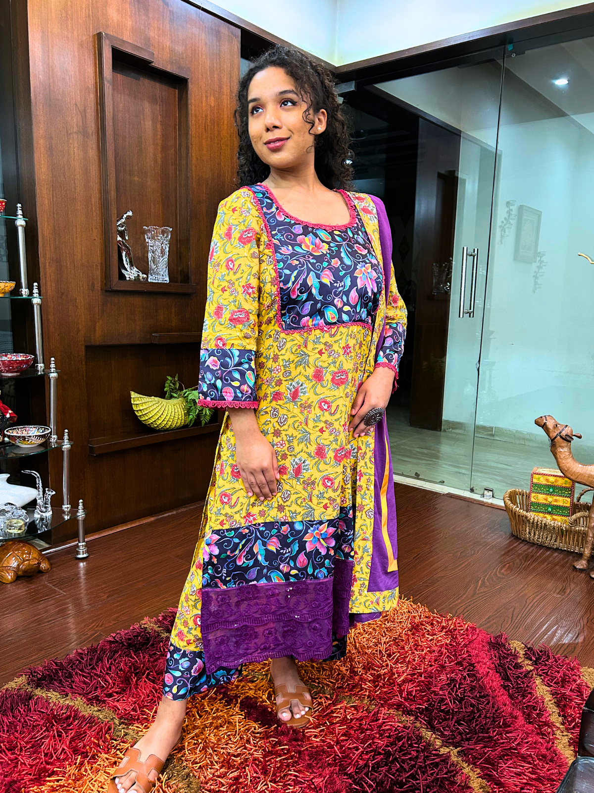 Yellow Multi Floral Magenta Lace Cotton Stitched Suit Set