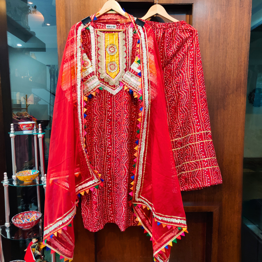 Red Bandhej Pink Handcrafted Gota Flowable Cotton Stitched Suit Set