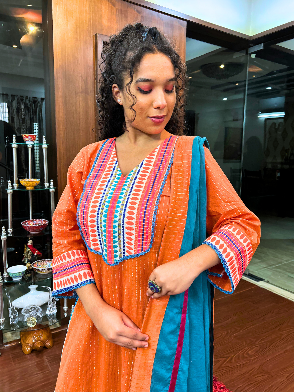 Orange Striped Multi Embroidered Cotton Stitched Suit Set
