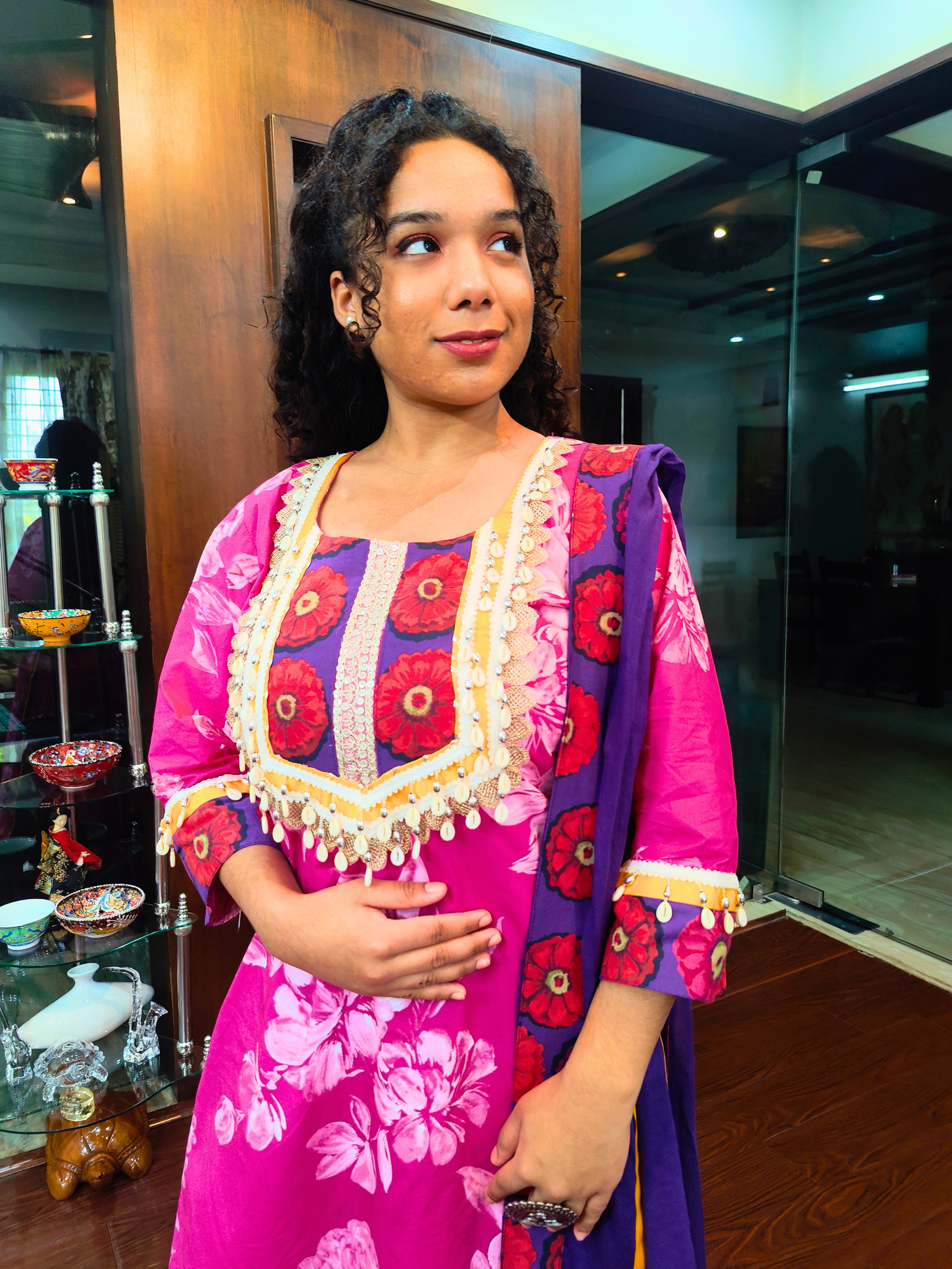 Magenta Digital Printed Yellow Gota Cotton Stitched Suit Set