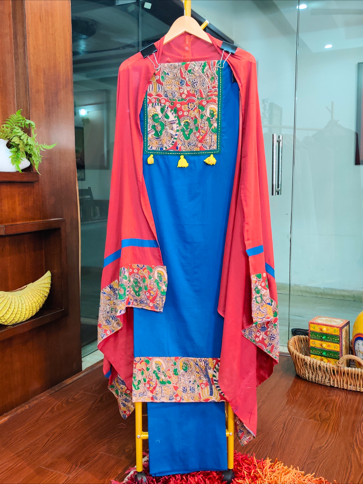 Blue Kalamkari Cotton Unstitched Dress Material Suit Set