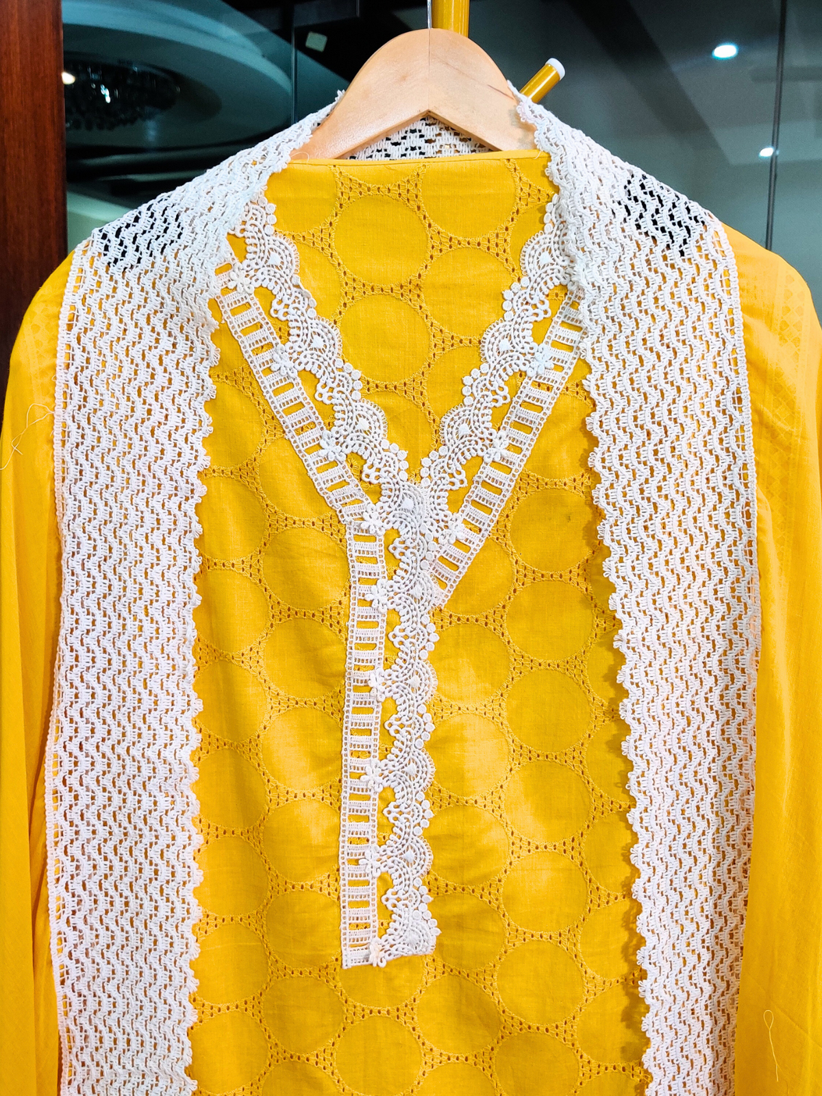 Yellow Schiffli Unstitched Dress Material Suit Set with Delicate White Lace Accents