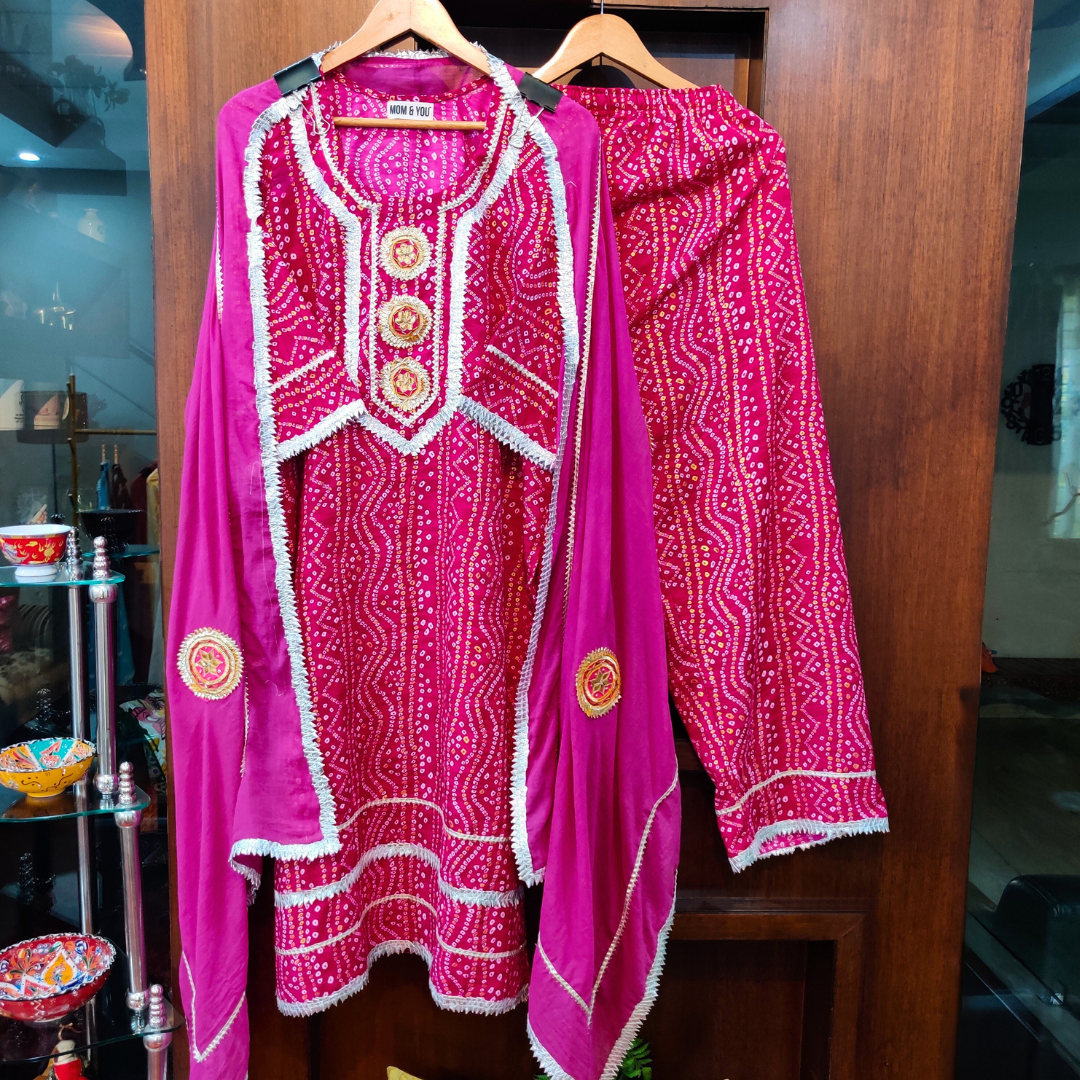 Magenta Bandhej Silver Gota Cotton Stitched Suit Set
