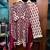 Cream Ajrakh Cotton Stitched Suit Set