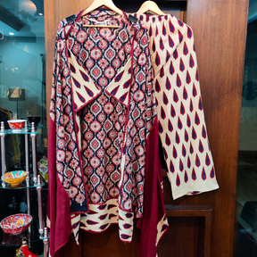 Cream Ajrakh Cotton Stitched Suit Set
