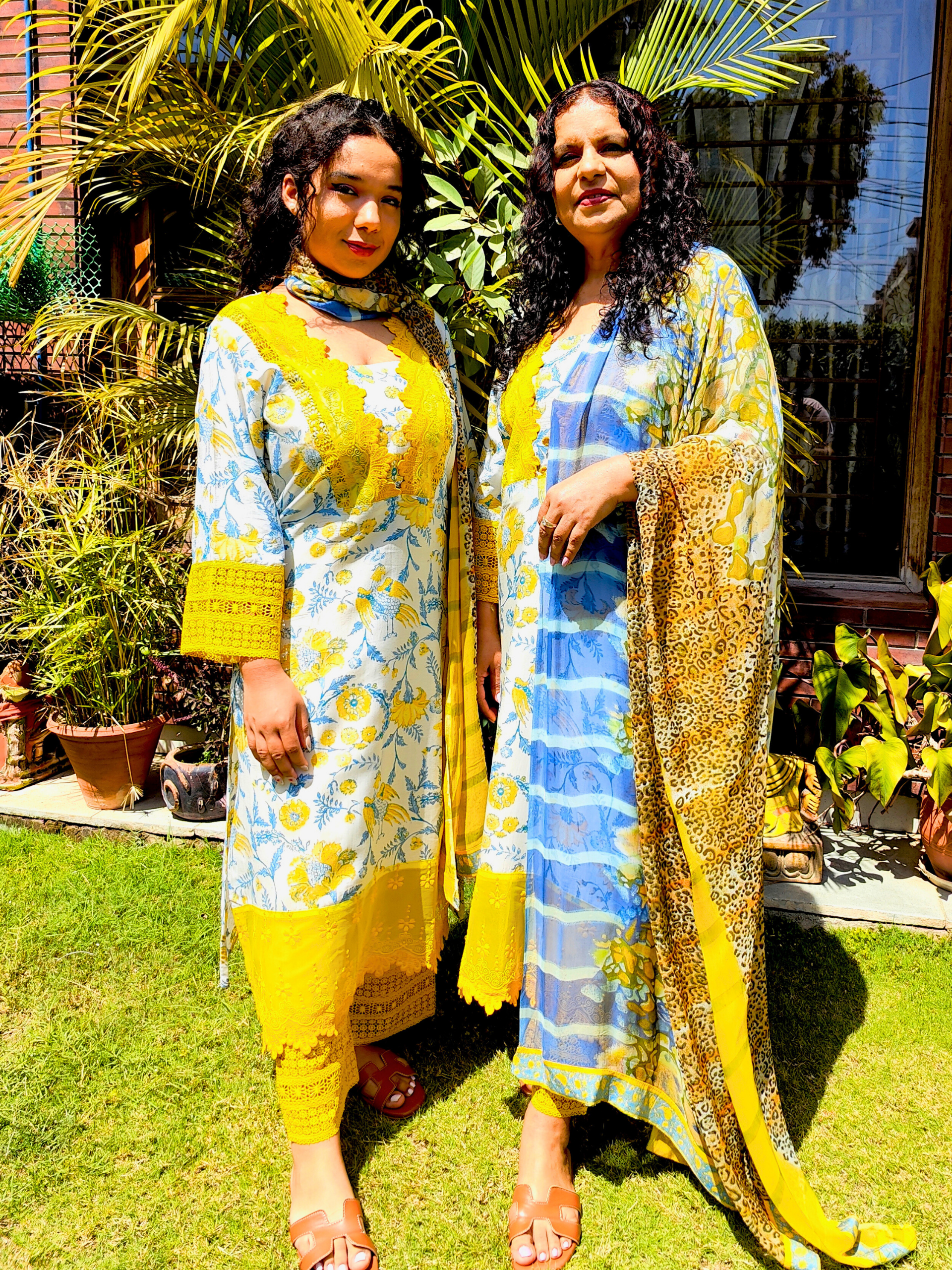 White Muslin Yellow Italian Lace Stitched Suit Set