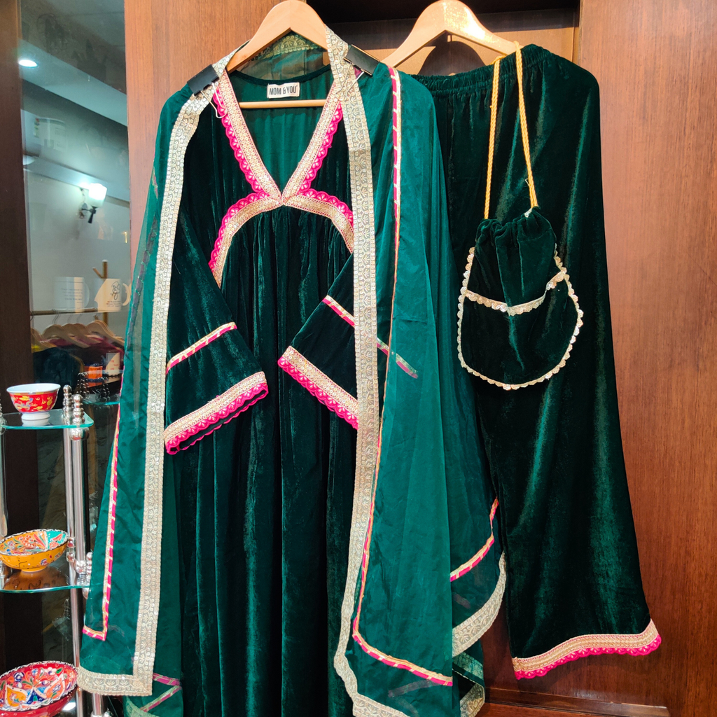 Green Velvet Magenta Golden Gota Stitched Anarkali Suit Set