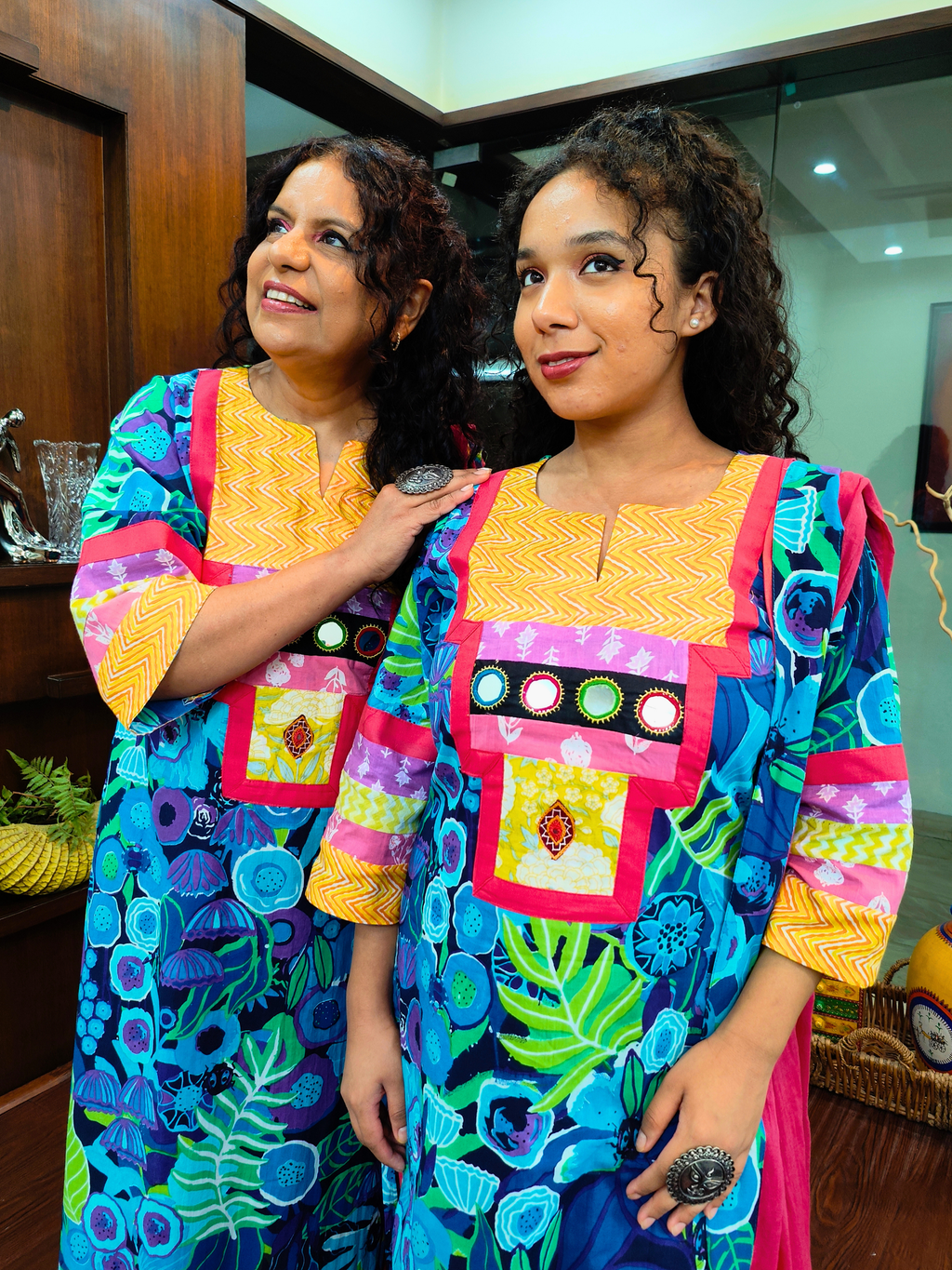 Blue Multi Coloured Mirror Embroidered Cotton Stitched Suit Set