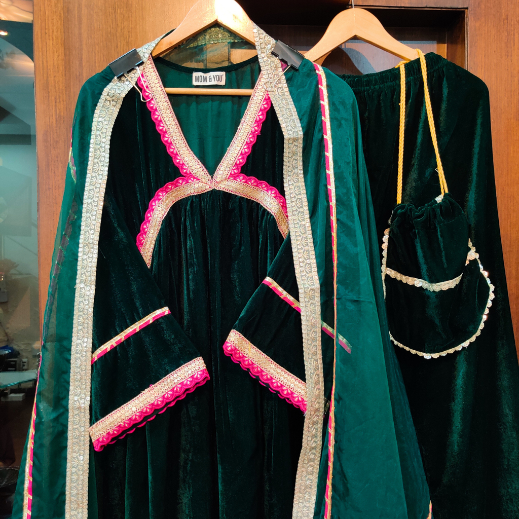 Green Velvet Magenta Golden Gota Stitched Anarkali Suit Set