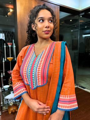 Orange Striped Multi Embroidered Cotton Stitched Suit Set