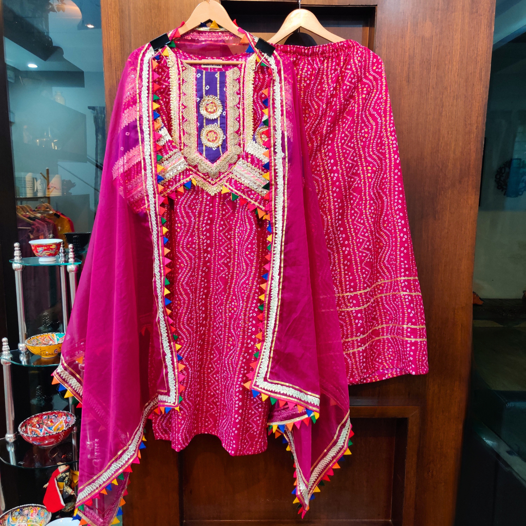 Magenta Bandhej Golden Handcrafted Gota Flowable Cotton Stitched Suit Set