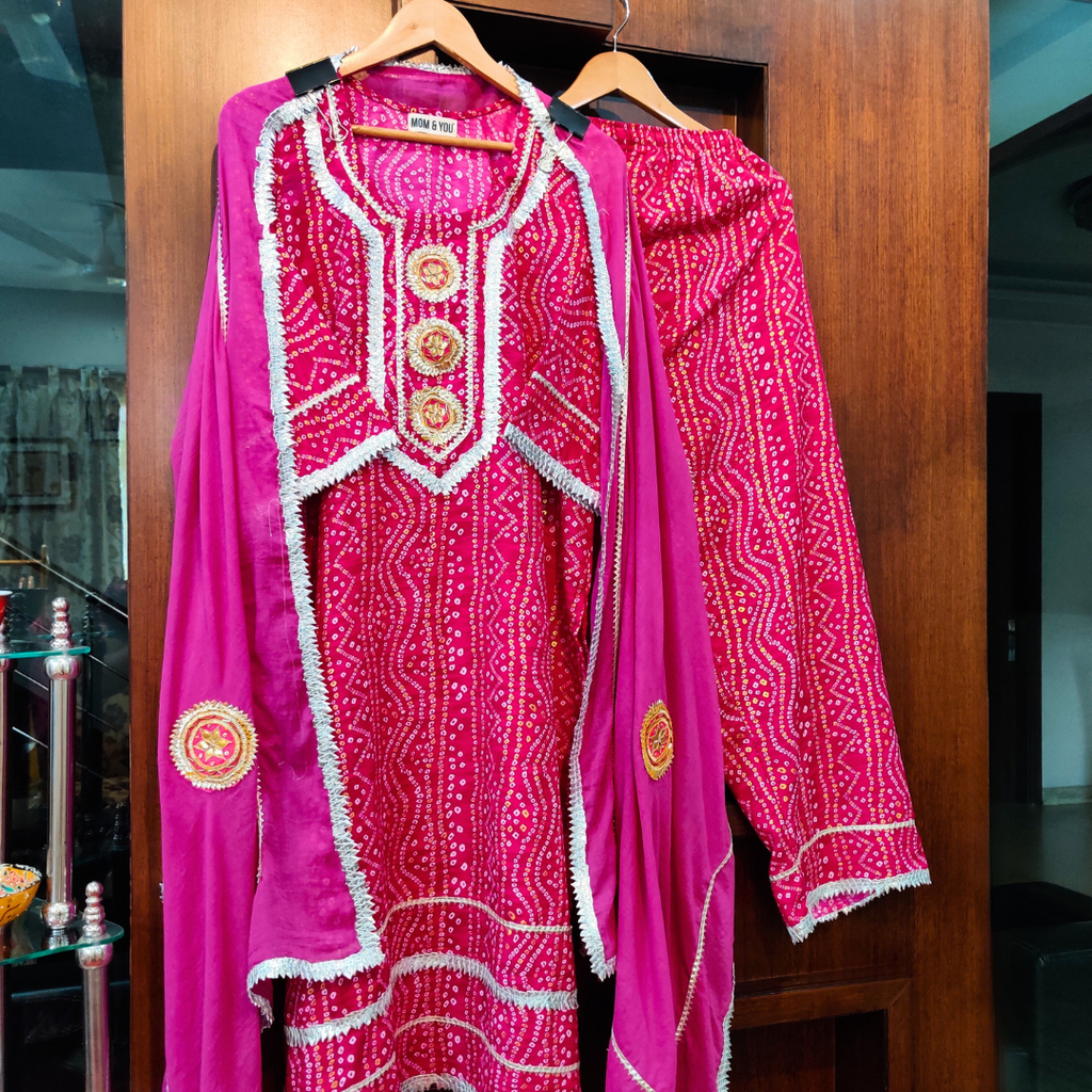 Magenta Bandhej Silver Gota Cotton Stitched Suit Set