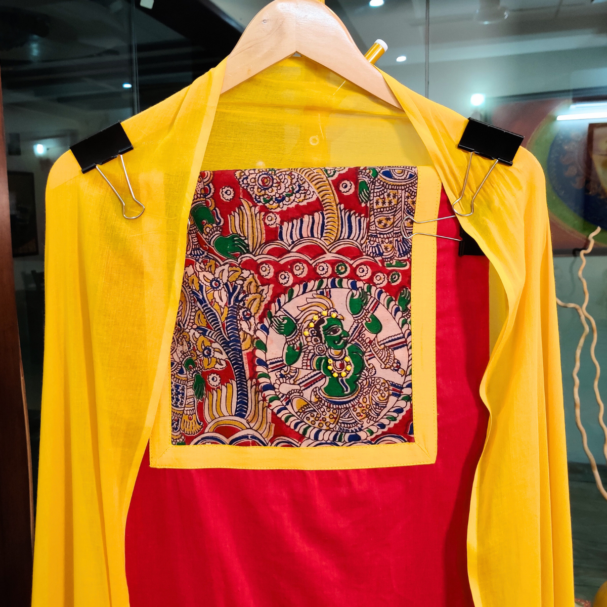 Red Kalamkari Cotton Unstitched Dress Material Suit Set