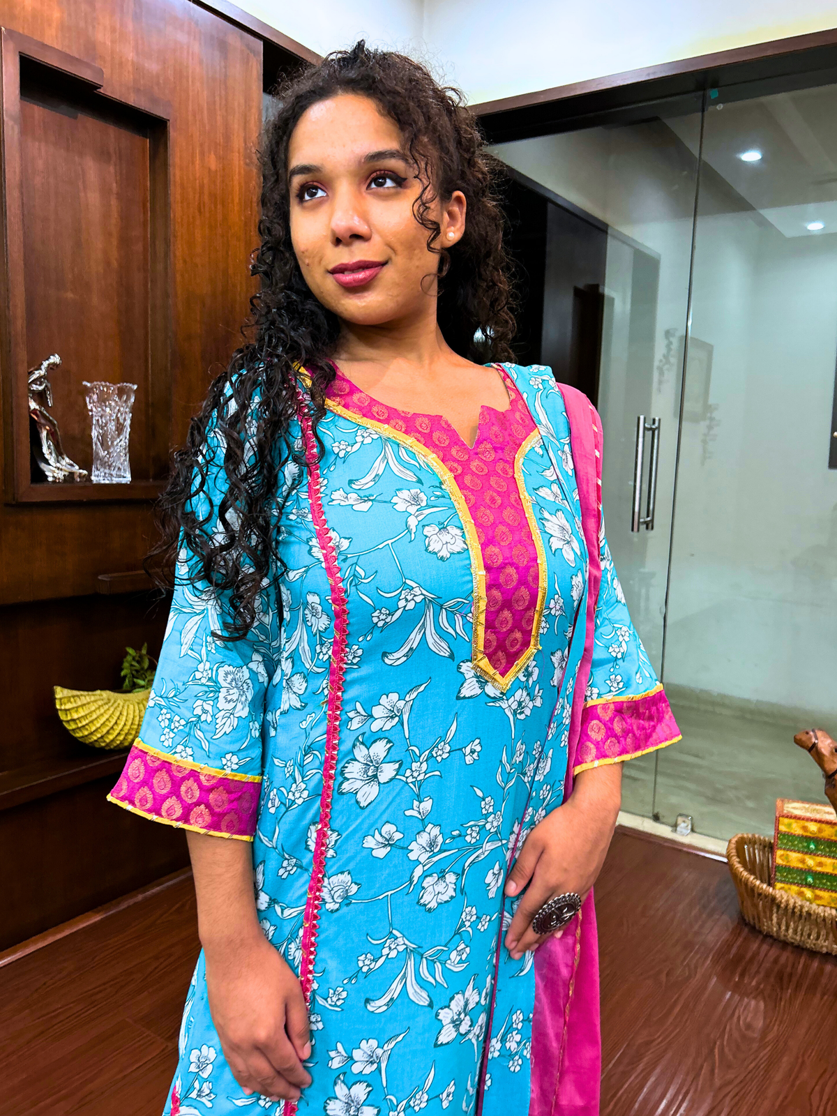 Sky Blue Digital Printed Magenta Lace Cotton Stitched Suit Set