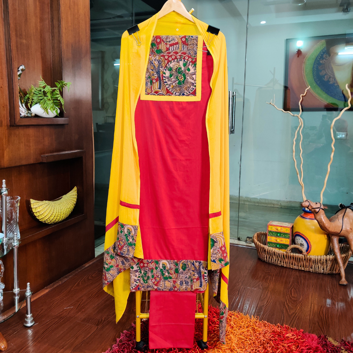Red Kalamkari Cotton Unstitched Dress Material Suit Set