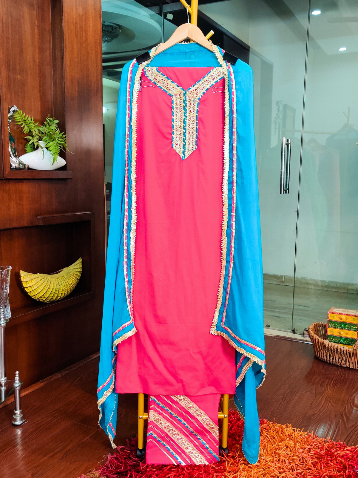 Magenta & Firozi Festive Cotton Unstitched Dress Material Suit Set for Occasion