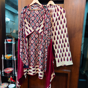 Cream Ajrakh Cotton Stitched Suit Set