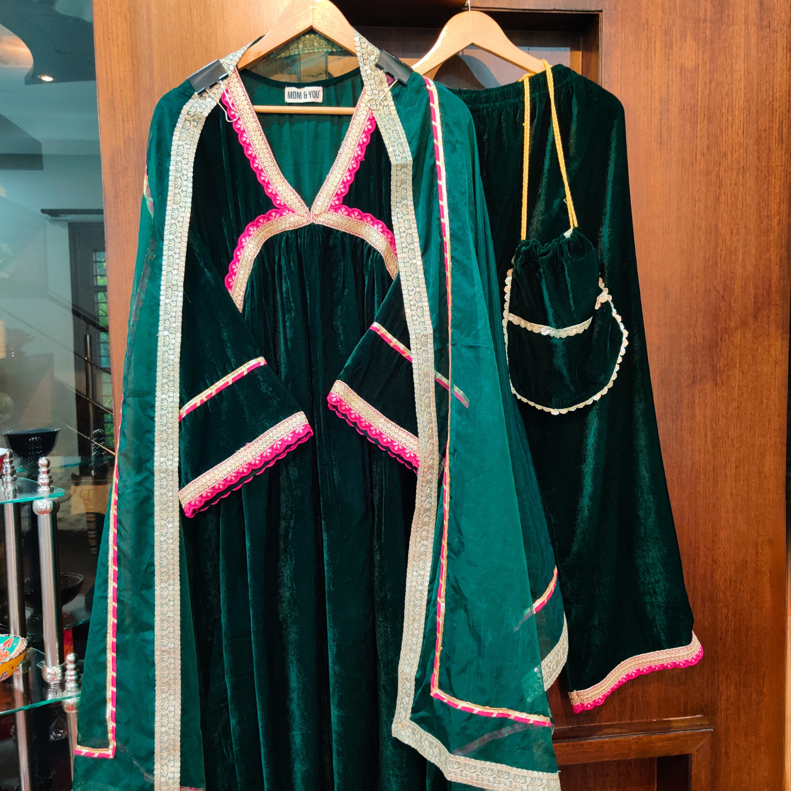 Green Velvet Magenta Golden Gota Stitched Anarkali Suit Set