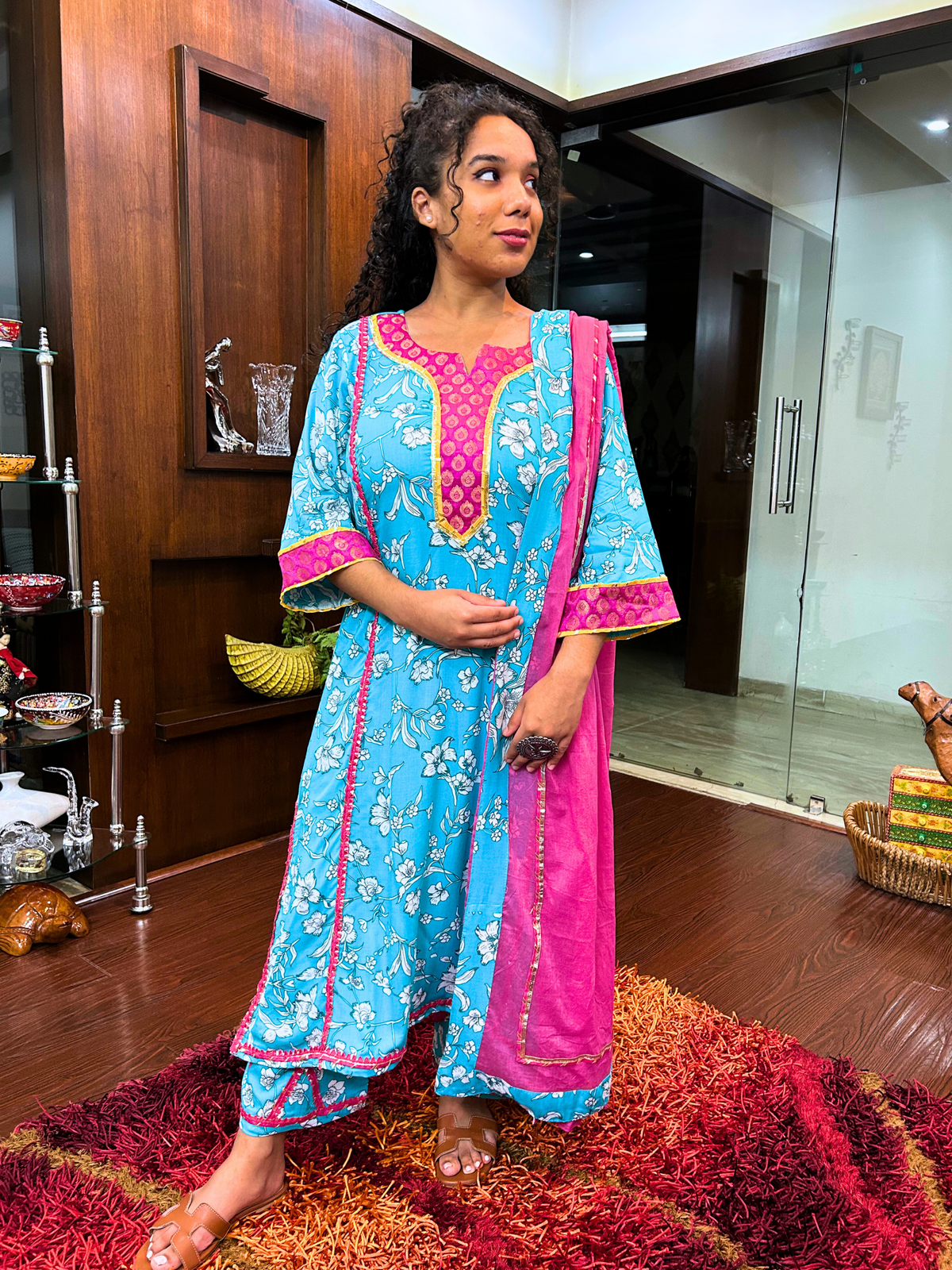 Sky Blue Digital Printed Magenta Lace Cotton Stitched Suit Set