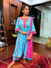 Sky Blue Digital Printed Magenta Lace Cotton Stitched Suit Set