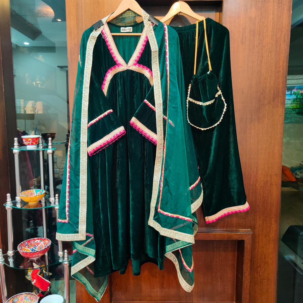 Green Velvet Magenta Golden Gota Stitched Anarkali Suit Set