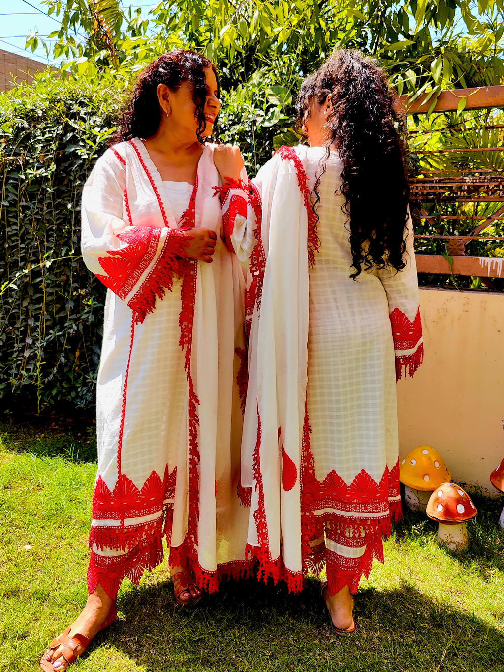 White Cotton Red Lace Paisley Stitched Suit Set