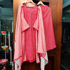 Red and White Polka Dot Cotton Stitched Suit Set