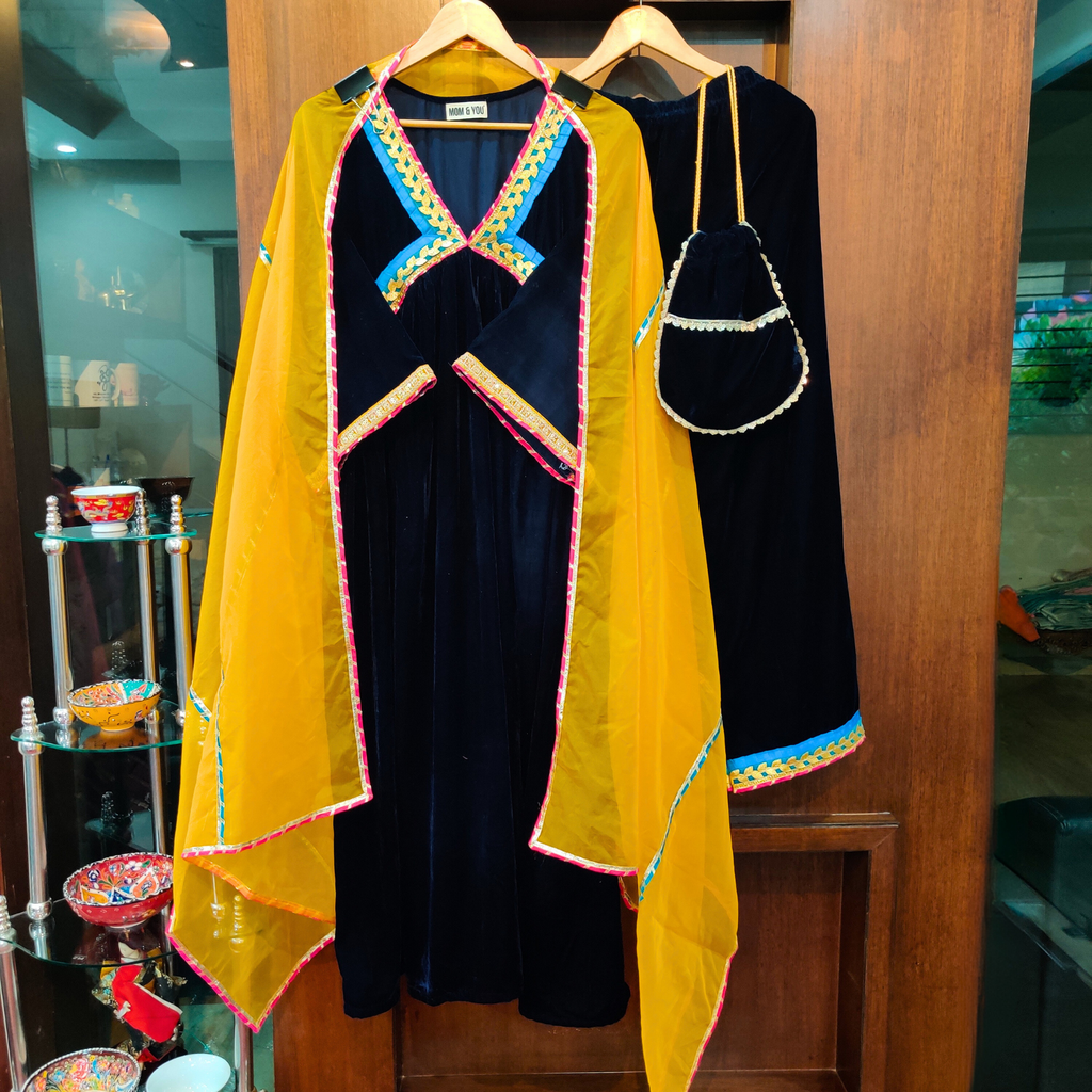 Blue Velvet Multi Colour Gota Stitched Anarkali Suit Set