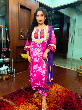 Magenta Digital Printed Yellow Gota Cotton Stitched Suit Set