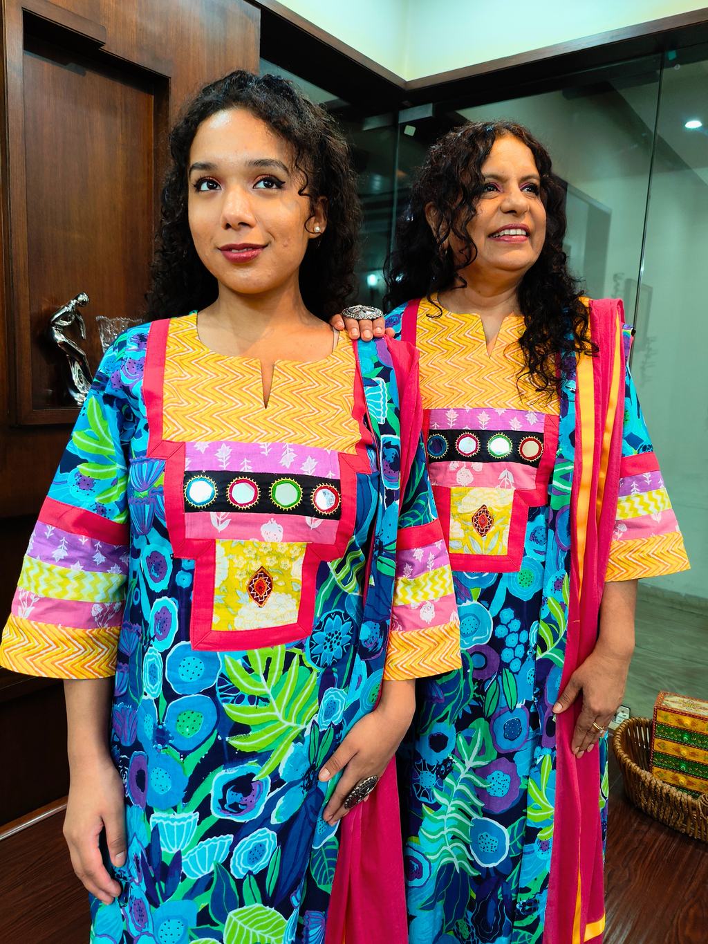 Blue Multi Coloured Mirror Embroidered Cotton Stitched Suit Set