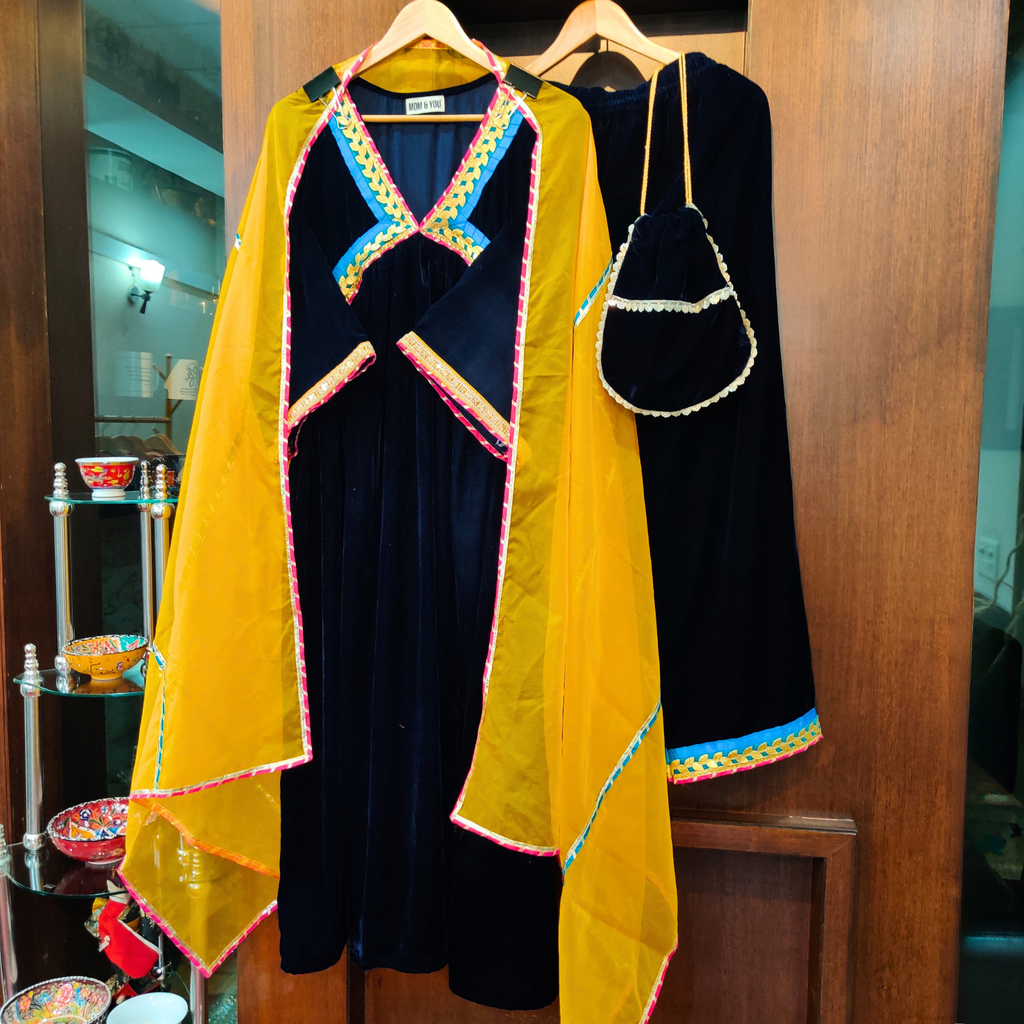 Blue Velvet Multi Colour Gota Stitched Anarkali Suit Set