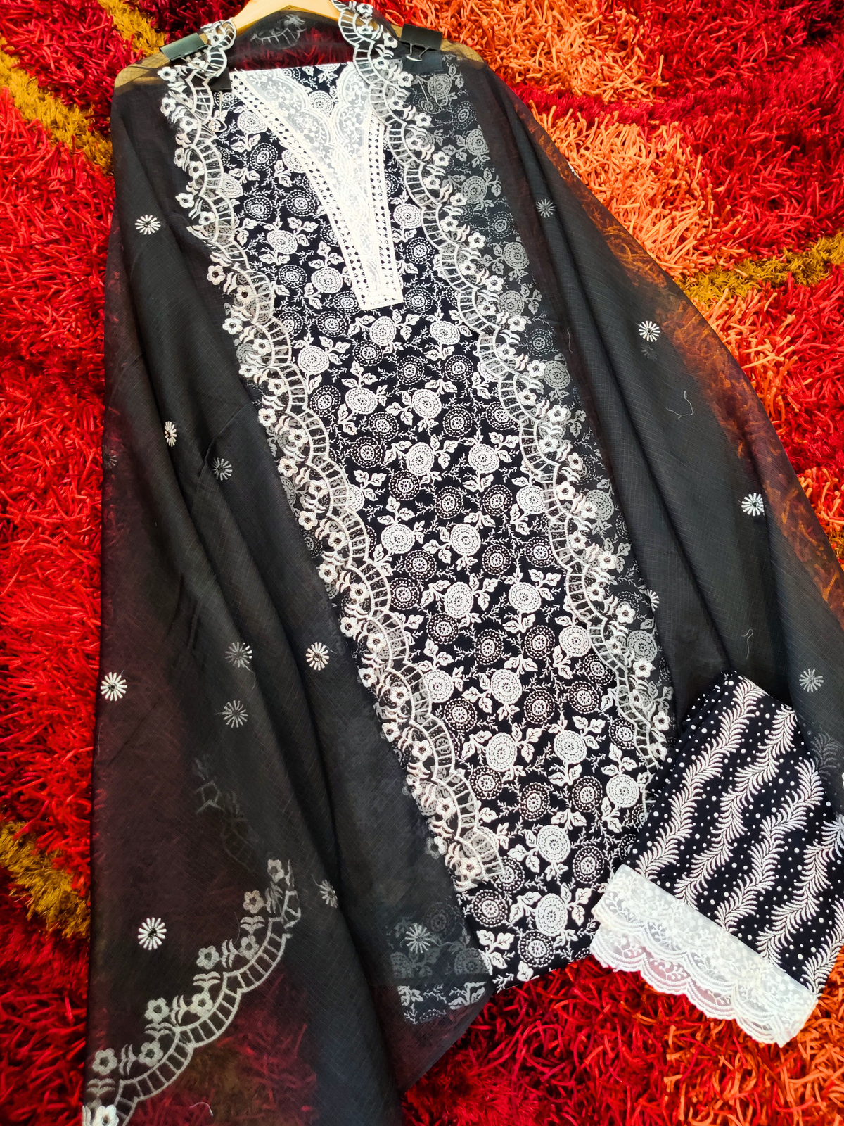 Black Handblock Cotton Unstitched Dress Material Suit Set