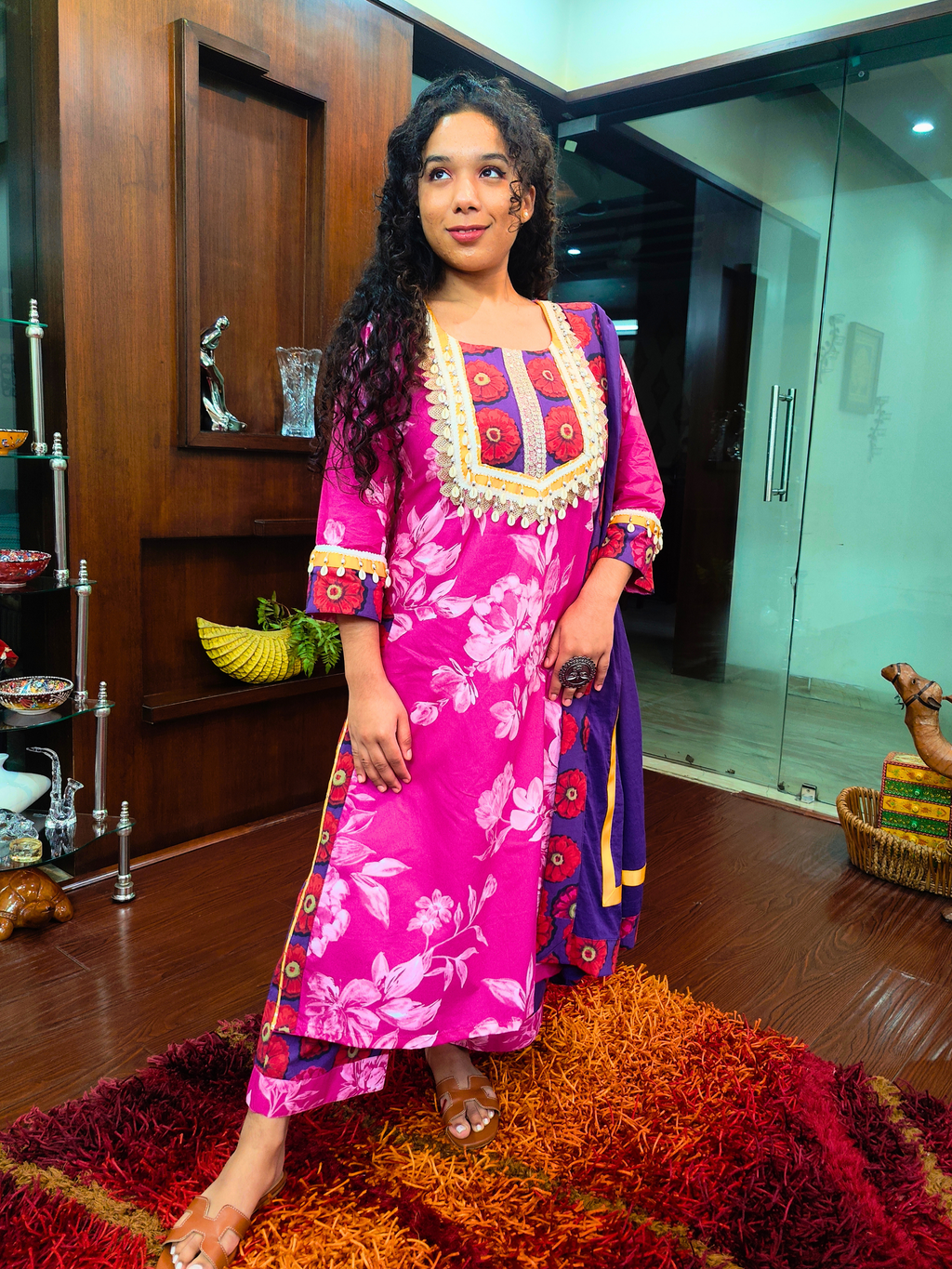 Magenta Digital Printed Yellow Gota Cotton Stitched Suit Set