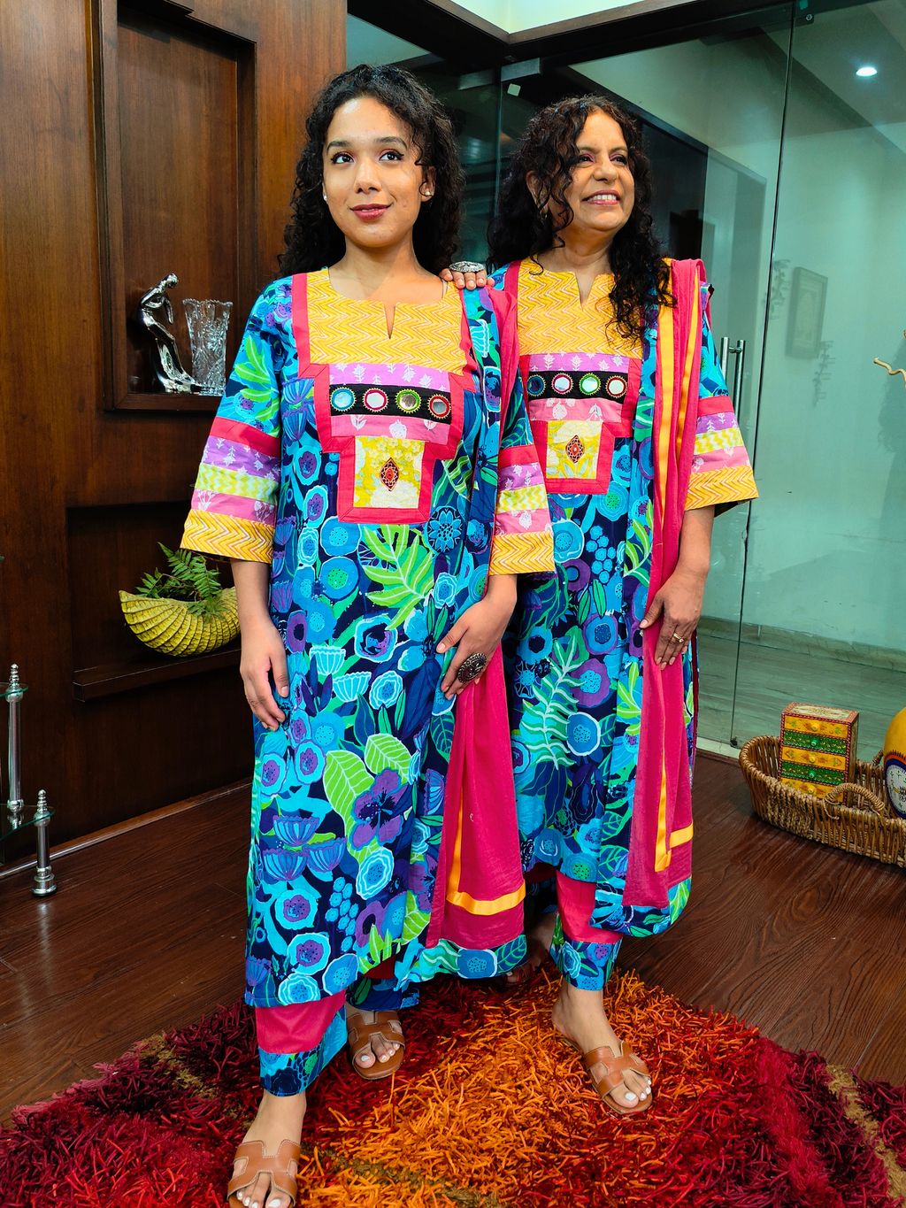 Blue Multi Coloured Mirror Embroidered Cotton Stitched Suit Set