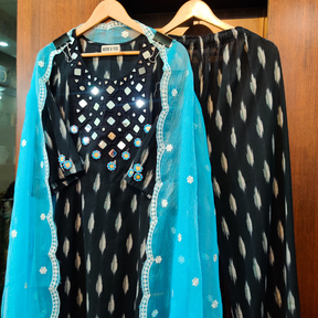 Black Ikat Mirror Cotton Stitched Suit Set