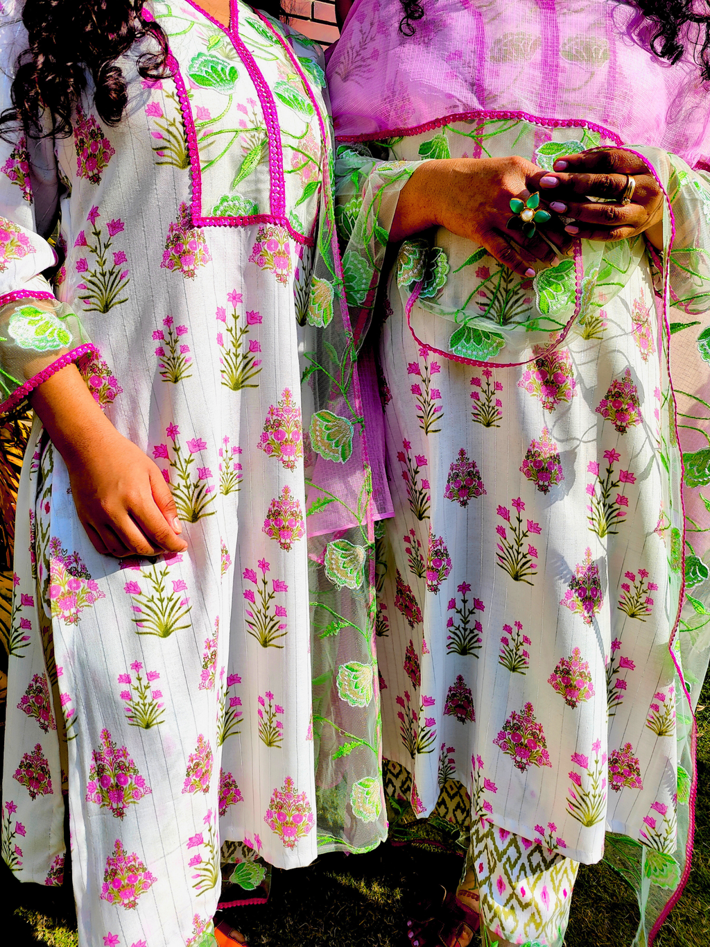 White Digital Printed Green Floral Lace Stitched Suit Set