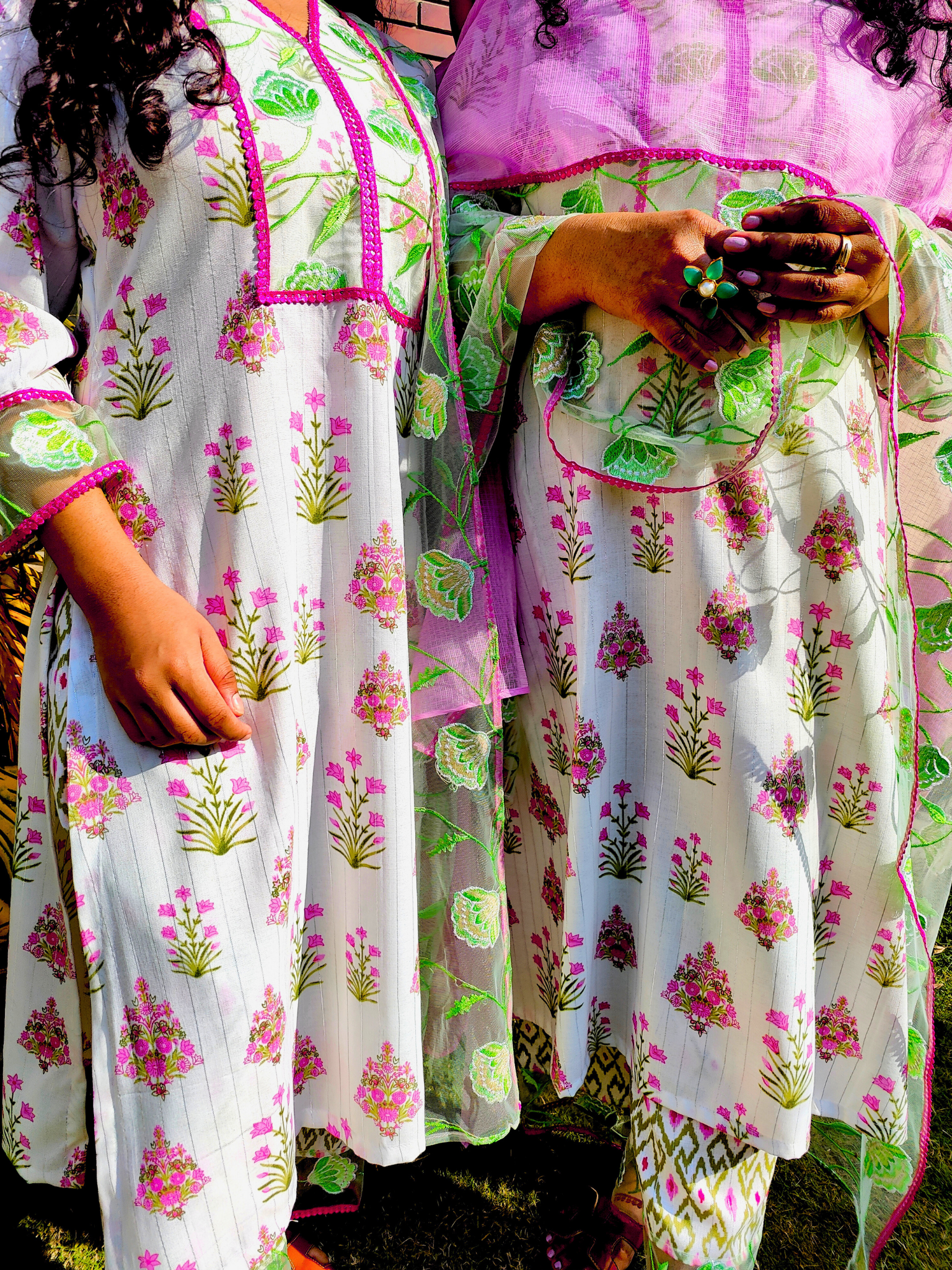 White Digital Printed Green Floral Lace Stitched Suit Set